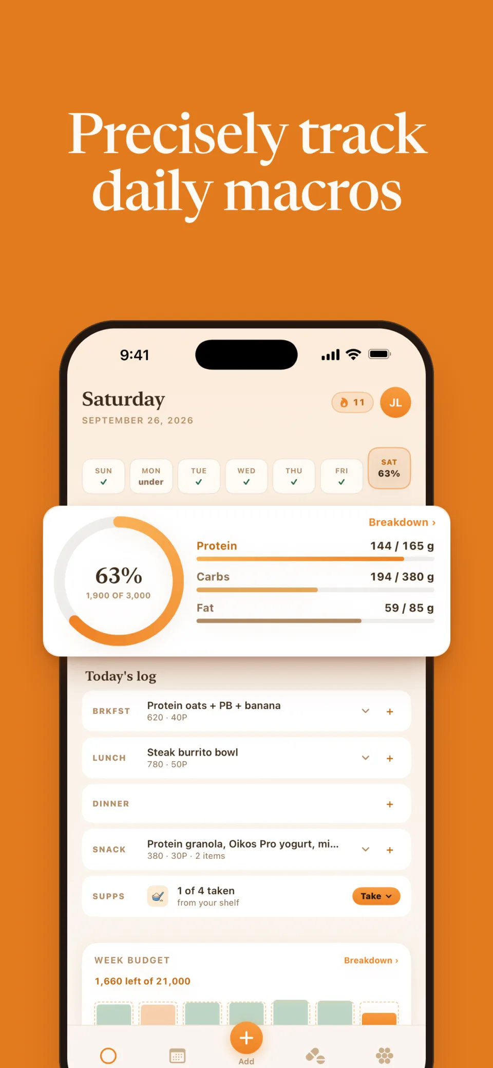MacroMile daily dashboard with macro progress, food log, and weekly budget