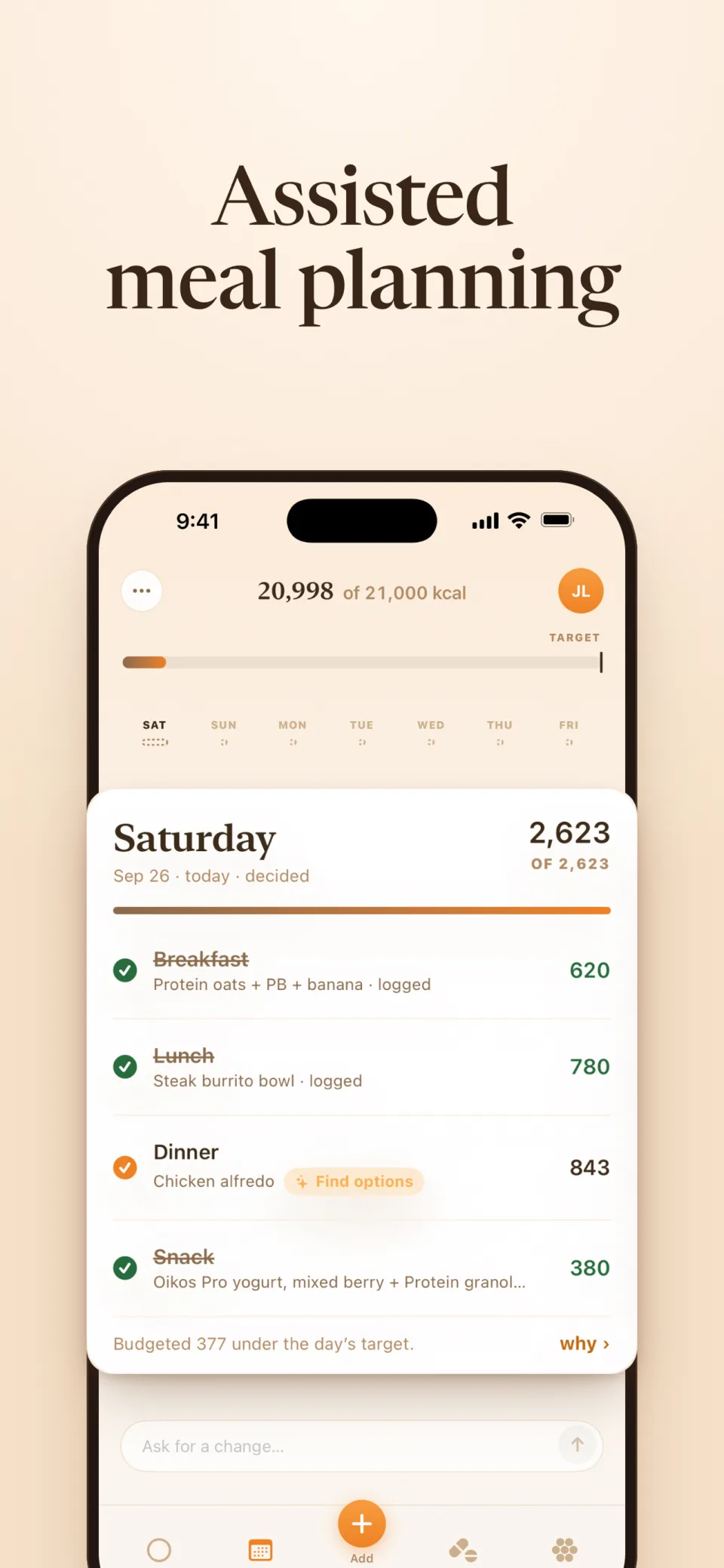 MacroMile meal plan showing a day's meals and calorie budget