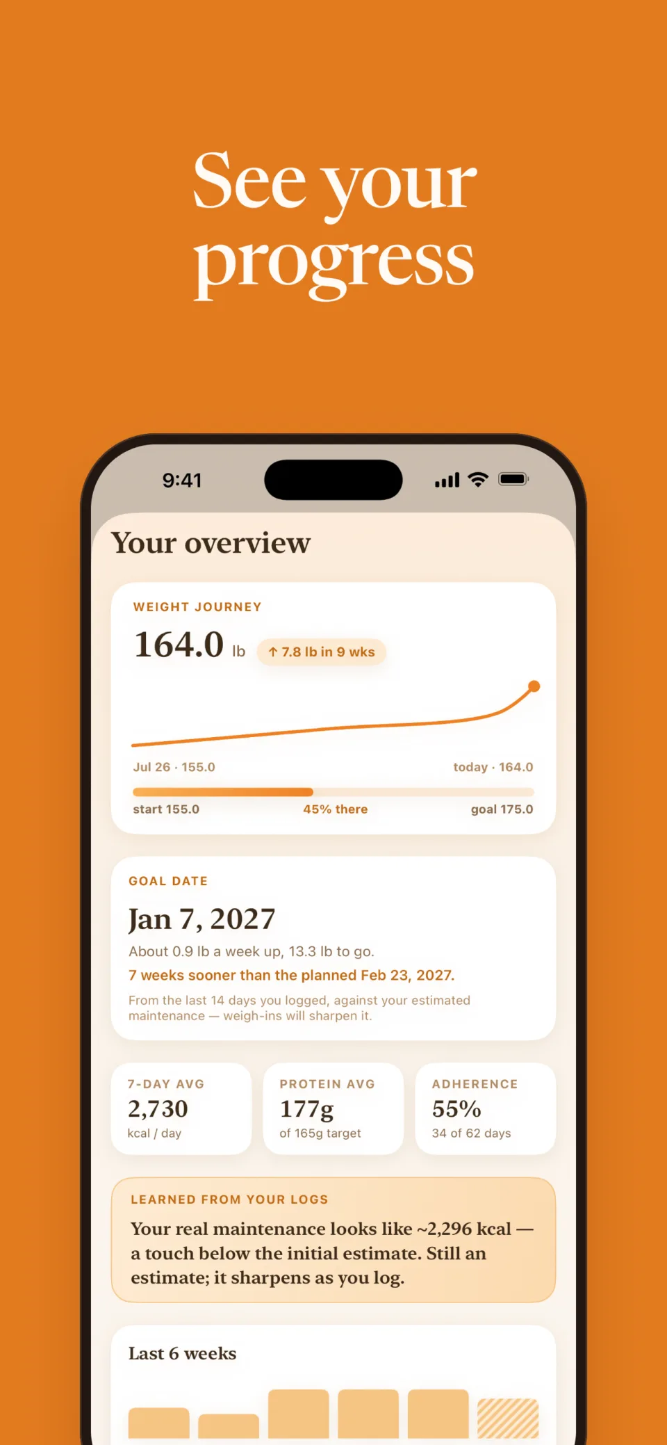 MacroMile overview with weight trend, goal date estimate, and recent averages