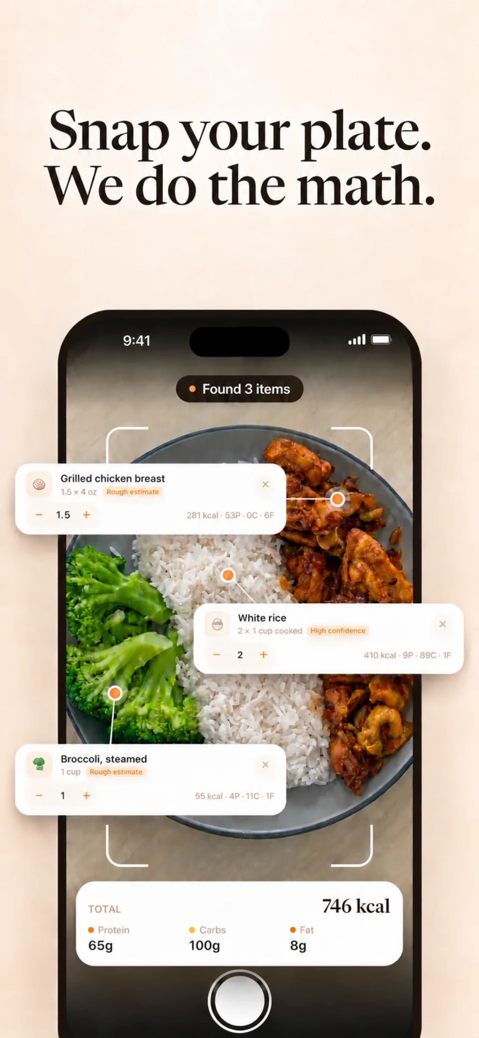 MacroMile Photo Snap identifying a meal and displaying estimated calories and macros