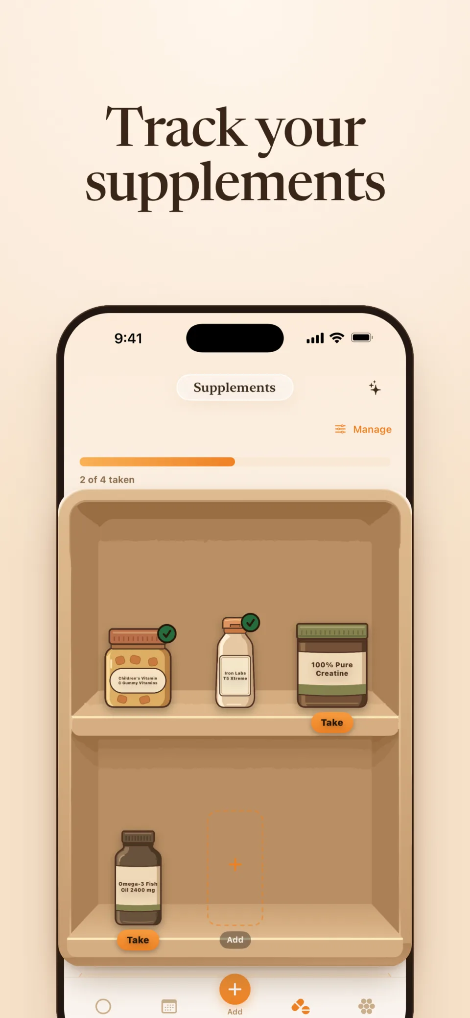 MacroMile supplement shelf with daily tracking
